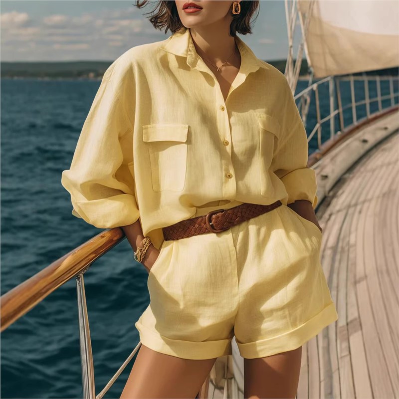 Summer Clothing Linen - Conjuntos Femininos Azuis de Duas Peças