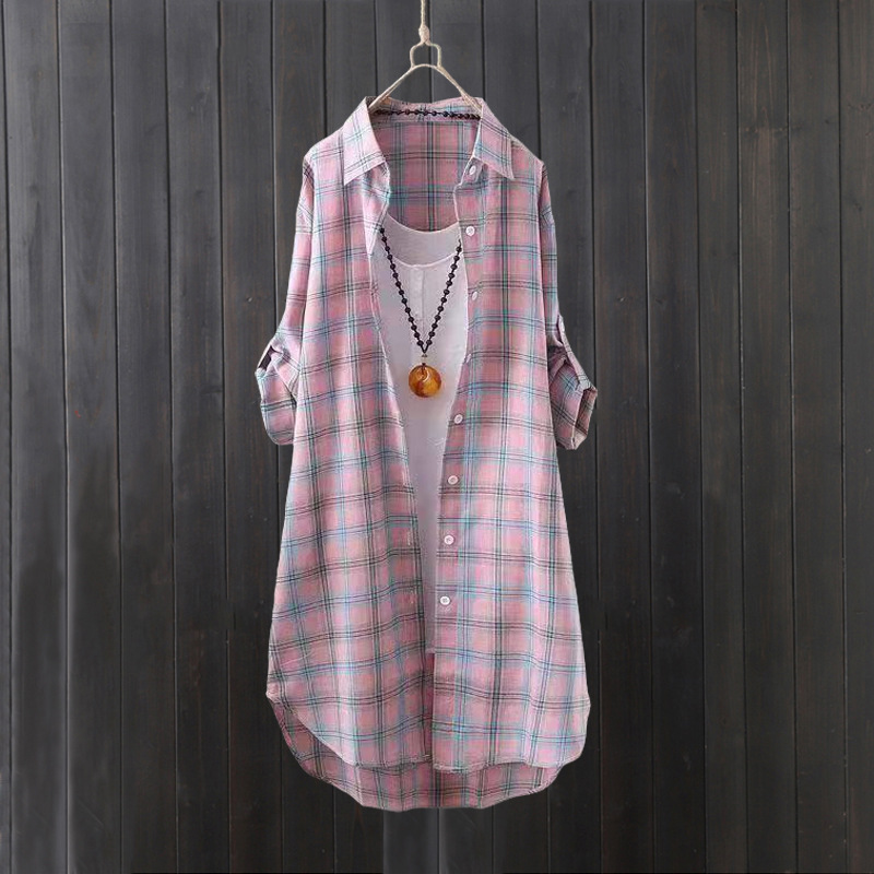 Summer Clothing Linen - Camisa xadrez feminina de verão, longa,