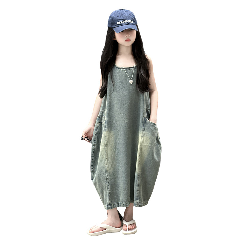 Summer Clothing Linen - Vintage azul crianças meninas de alta