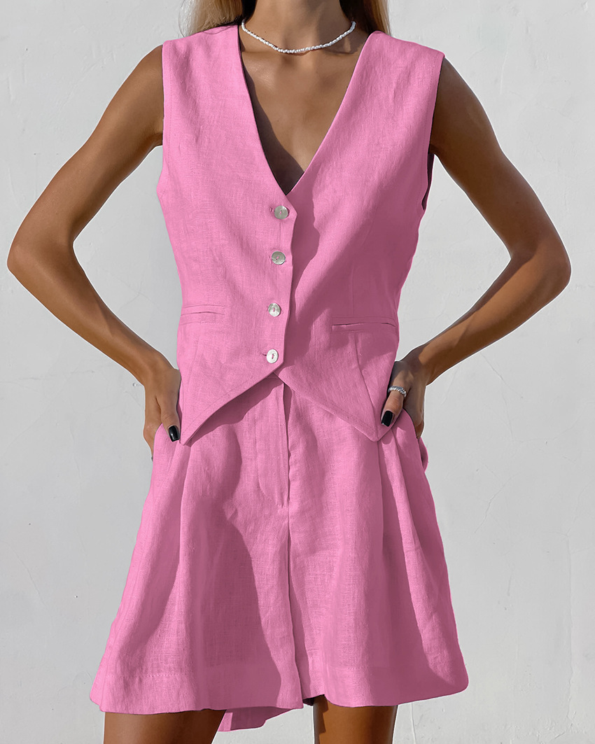 2025 novo terno colete + short - Summer Clothing Linen avaliação e preço