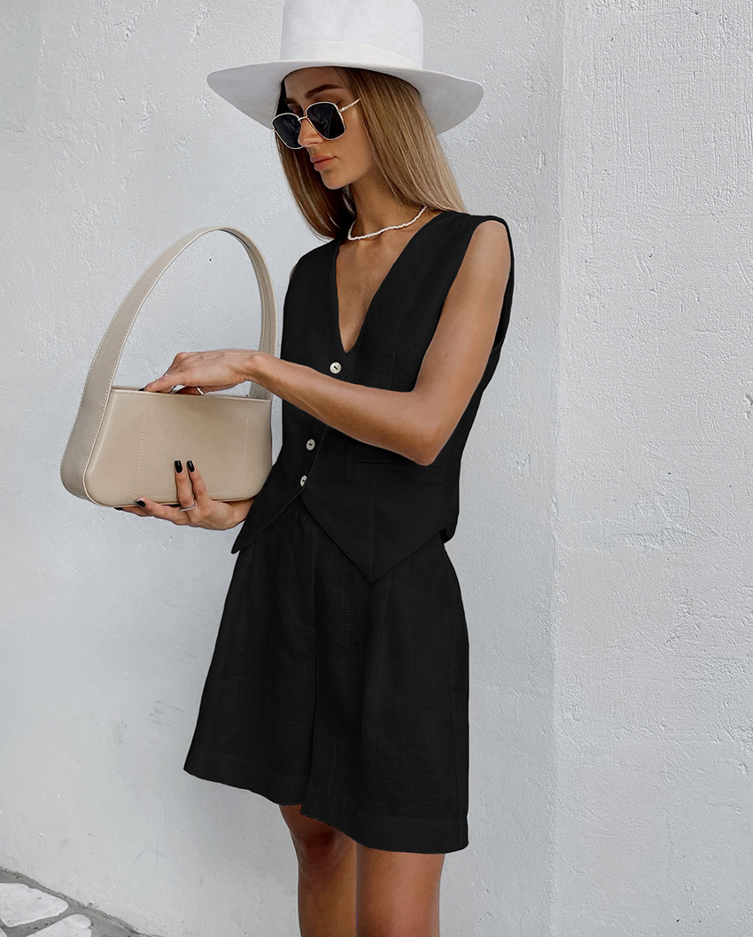2025 novo terno colete + short - Summer Clothing Linen avaliação e preço